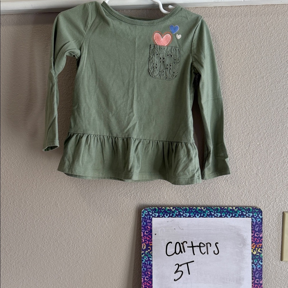 Carter's Olive Long Sleeve Peplum Top with Heart Accents